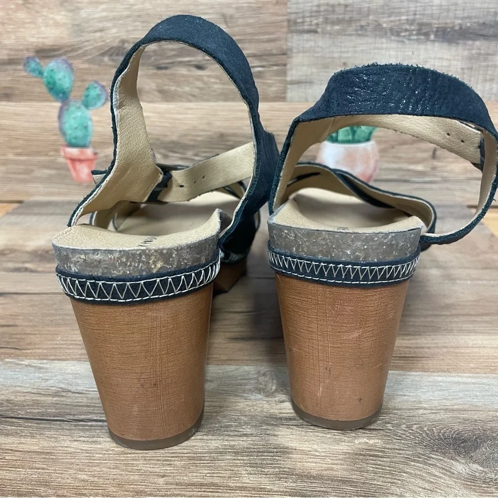 Lucky Brand Harvia platform sandals Women's 8 Black leather wood block Heel